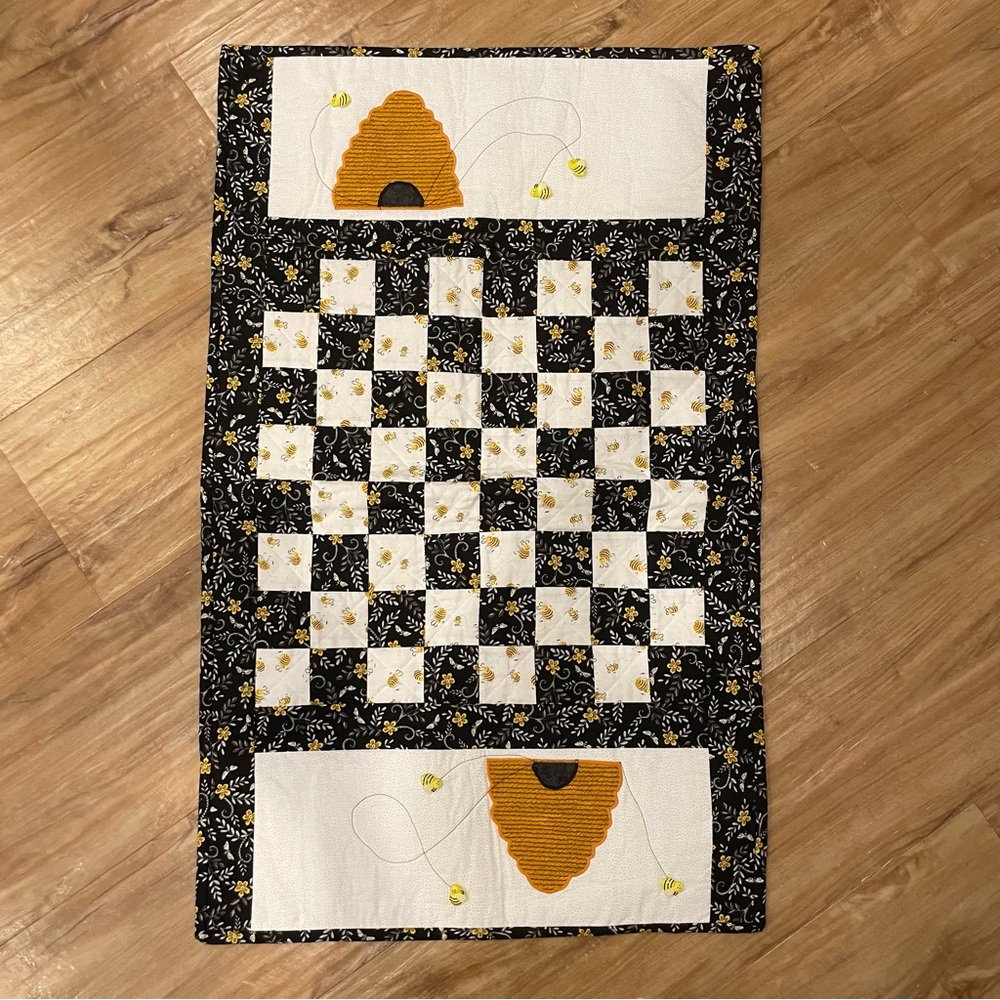 Handcrafted Black and White Quilt honey bee themed with embellishments, 19”x31”